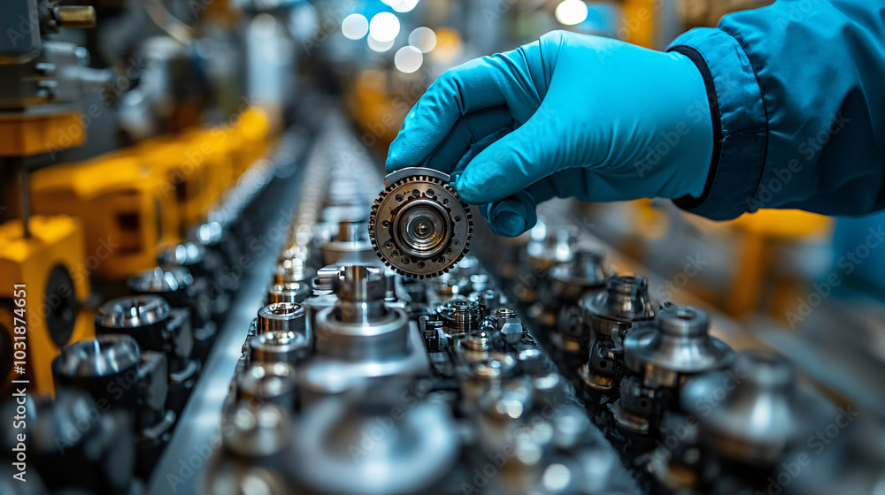 Poster a gloved hand delicately holds a small mechanical part over a line of shiny metallic components, emp