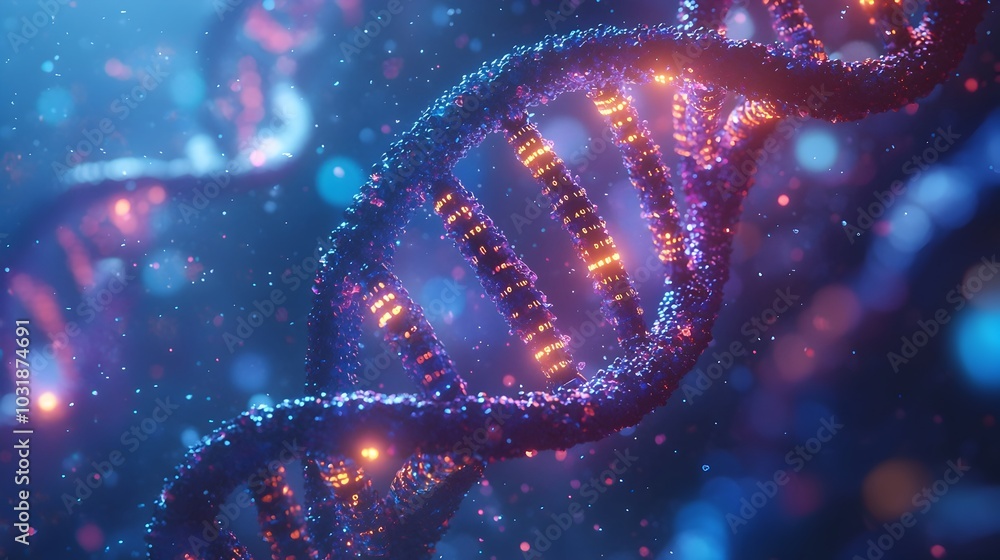 Poster microscopic view of dna strands representing digital data storage concept