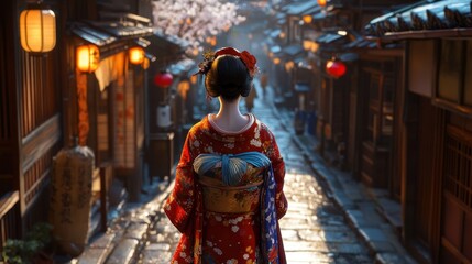 A Japanese geisha in a detailed kimono walking through a narrow street lined with traditional wooden houses and lanterns.