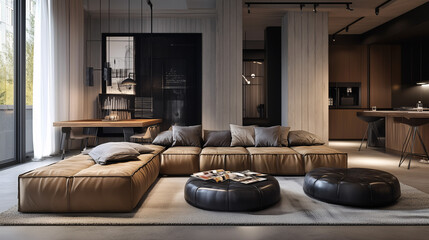 Stylish minimalist loft space with raw concrete surfaces, a low-profile leather couch, and striking industrial artwork