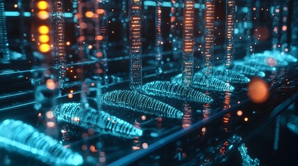Obraz premium Futuristic DNA Data Extraction Laboratory with Glowing Strands and Advanced Tools