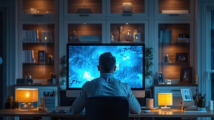 A person working at a desk, illuminated by a large screen displaying blue visuals in a cozy room.