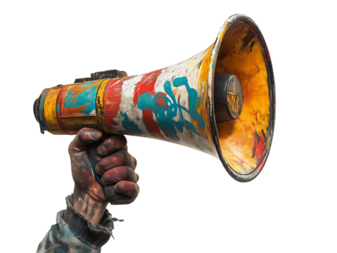 A hand covered in paint holds a brightly colored, graffiti-covered megaphone. - Powered by Adobe