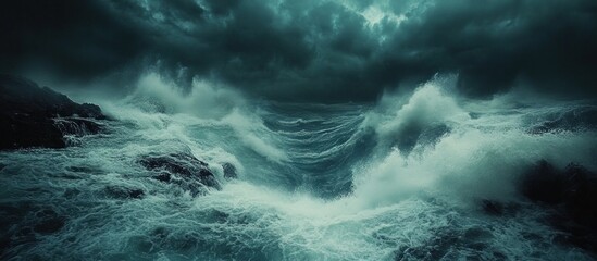 Obraz premium Powerful waves crashing against the rocks during a stormy sea.