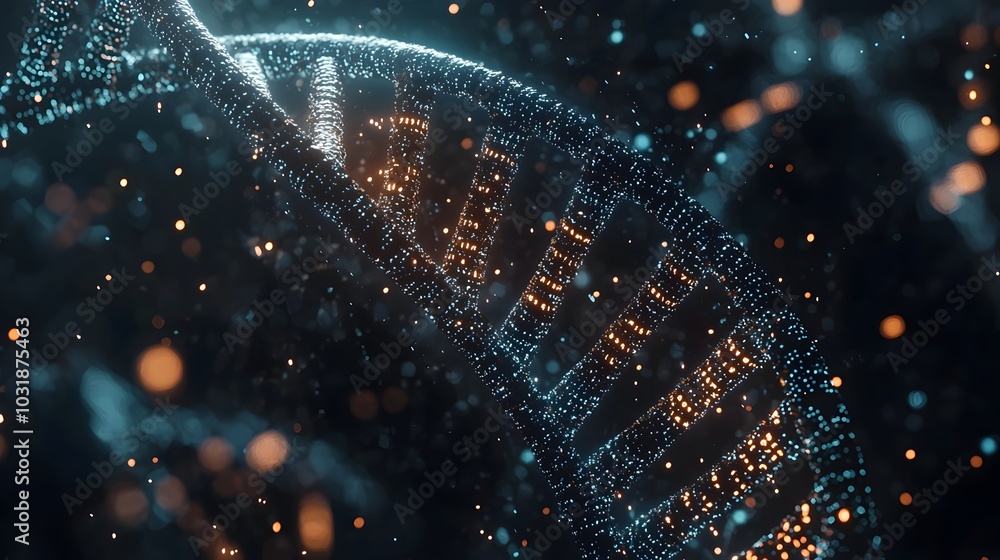Poster futuristic visualization of dna helix data streams flowing through molecular structure