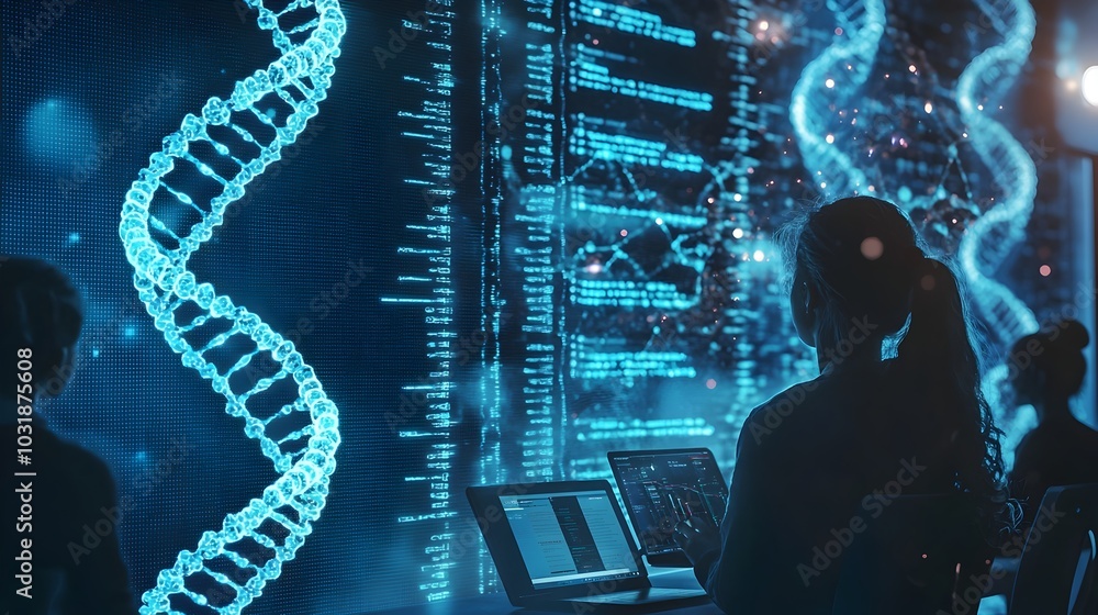 Poster futuristic classroom students learn dna based digital data storage with holographic displays
