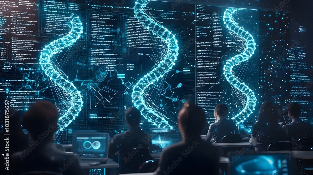 Poster futuristic dna based classroom with interactive holographic learning