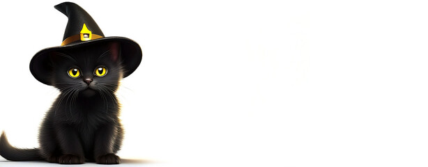 Close-up of a cute black cat with yellow eyes looking at camera, wearing a black witch hat isolated on white background with copy space. Template for a Halloween greeting card. Generative Ai.