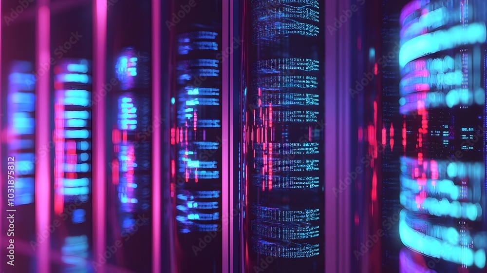 Poster futuristic archive of glowing dna data storage containers in rows