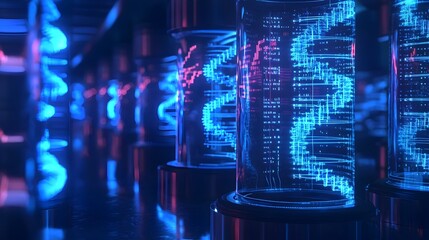Futuristic DNA Data Archive with Glowing Genetic Strands