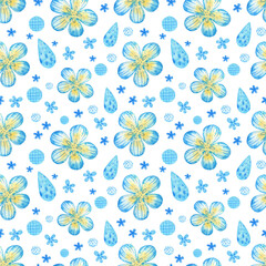 Watercolor pattern with abstract watercolor elements. Blue and yellow textures on a white background. Background, design elements. Star, heart, spots, circles, drops, flowers, fish skeleton, textures