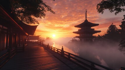 A Japanese temple at sunrise, with detailed wooden structures, mist rising from the ground, and a glowing sky.