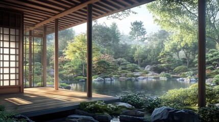 A Japanese tea house overlooking a tranquil garden, with detailed wooden beams and shoji doors framing the view.