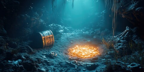 Ancient underwater cave with a treasure chest and glowing coins. Mysterious, atmospheric, and captivating scene for exploration themes.