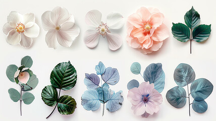 collection of watercolor leaves and flowers, delicate soft color translucent paints on a white background