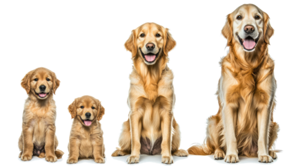 Happy Golden Retriever Puppies and Adult Dogs Standing Together Generative AI