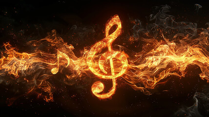 burning musical notes with tongues of red flame on a black background