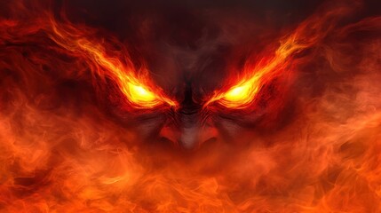 A fiery creature with glowing eyes emerges from swirling flames on a Halloween night, creating a dramatic atmosphere of heat and intensity