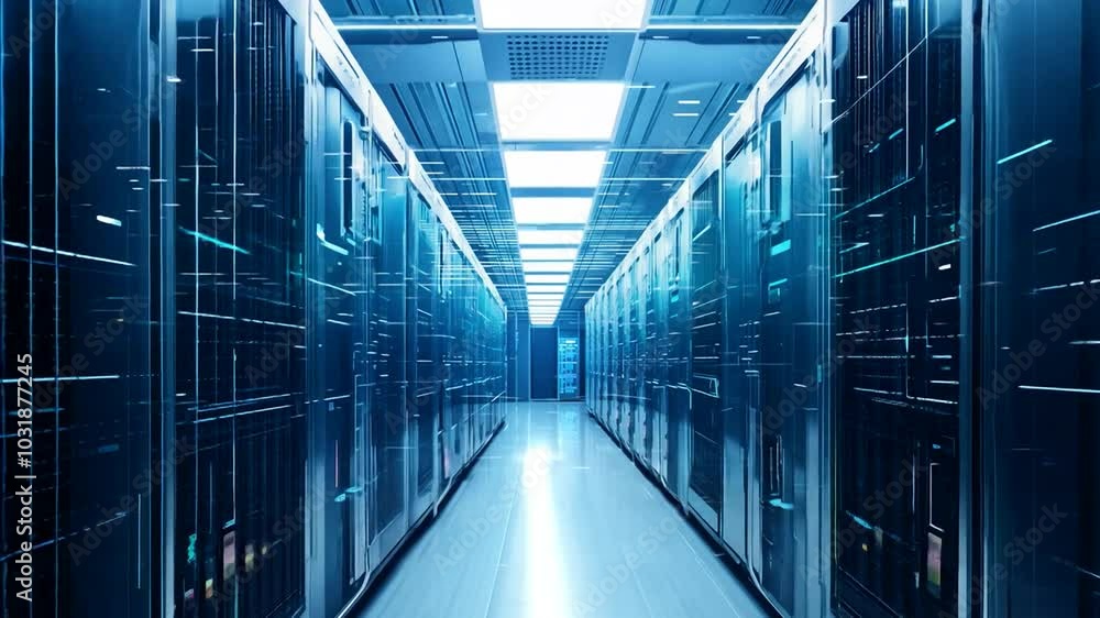 Poster rows of server racks in a data center, with a bright light at the end of the hallway.