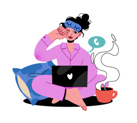 Working at home concept illustration. Young woman freelancer working on laptop at home. Vector flat style illustration