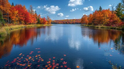 A serene autumn landscape featuring vibrant foliage reflecting on a calm lake.