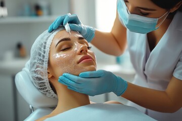 Cosmetology beauty procedures. Lady receiving rejuvenation treatment, facial chemical peel therapy in beauty salon or medical center, Generative AI