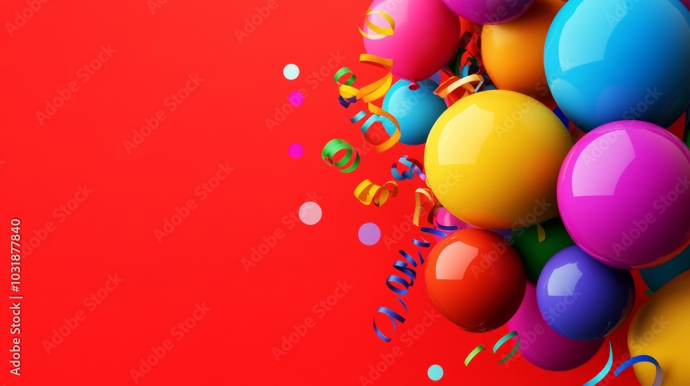 Poster the balloons are in various shapes and sizes, floating in the air, while the streamers twist and cur