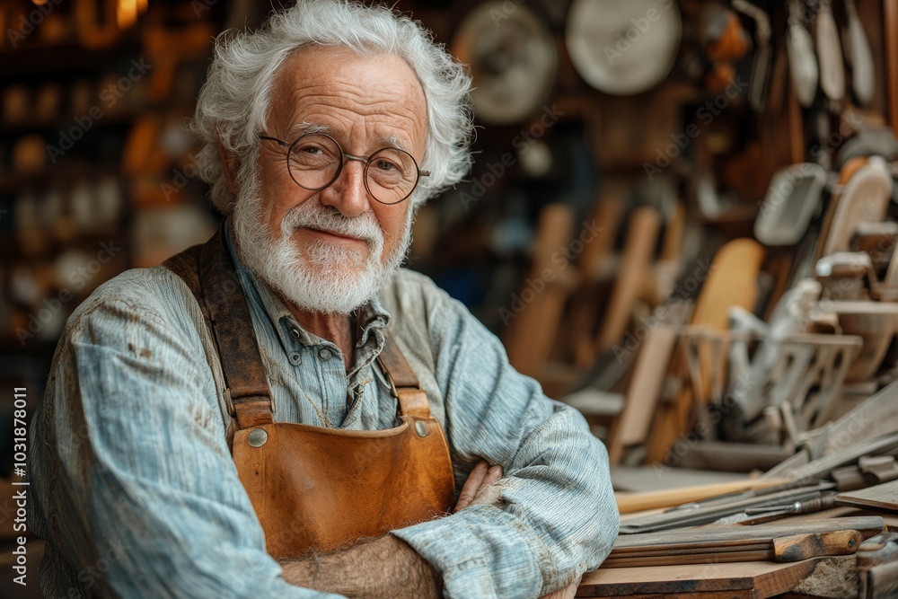 Poster man with a beard and gray hair is smiling in front of a store with many white plates. a confident in