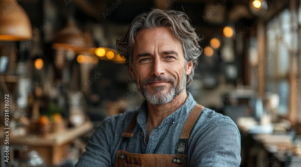 Poster man with a beard and gray hair is smiling in front of a store with many white plates. a confident in