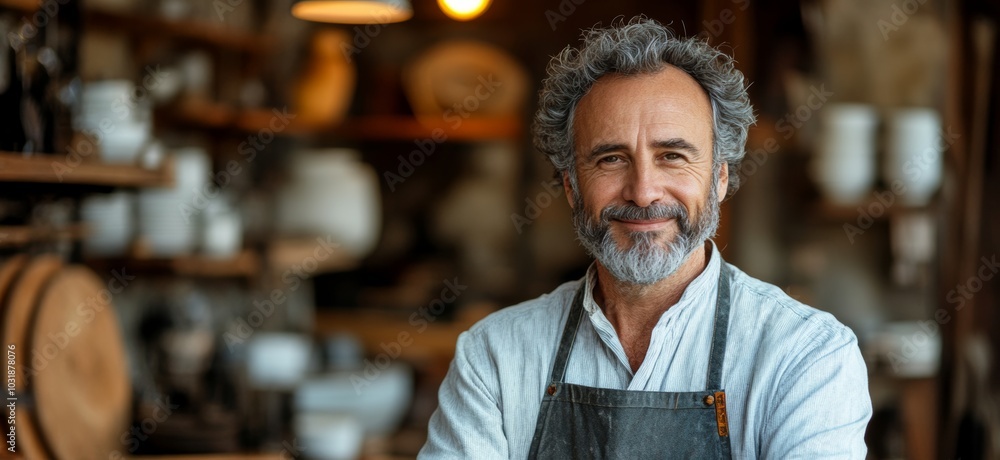 Poster man with a beard and gray hair is smiling in front of a store with many white plates. a confident in