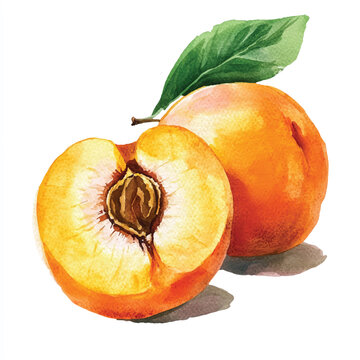 watercolor peach fruit with green leaf clip art preview