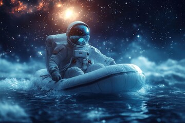 Astronaut navigates a small inflatable boat on a cosmic sea under a starry sky, blending exploration and adventure in a surreal cosmic journey.