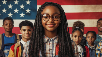 A confident black girl wearing glasses smiles proudly in front of a group of diverse students, standing against a backdrop of the American flag. The unity, youth, and education in the USA.