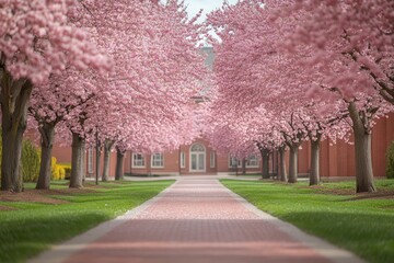 Beautiful pathway lined with cherry blossom trees in full bloom, creating a serene and picturesque spring scenery.