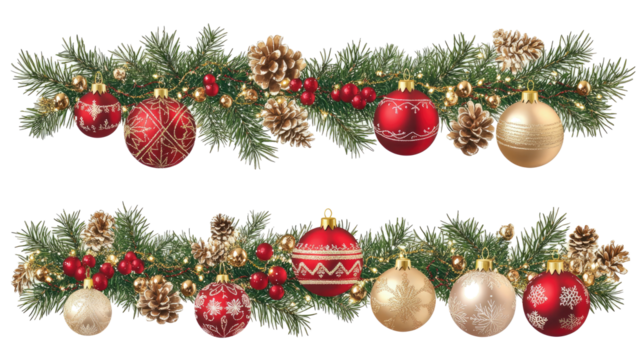 Festive Horizontal Banners With Christmas Tree Garlands and Ornaments Generative AI