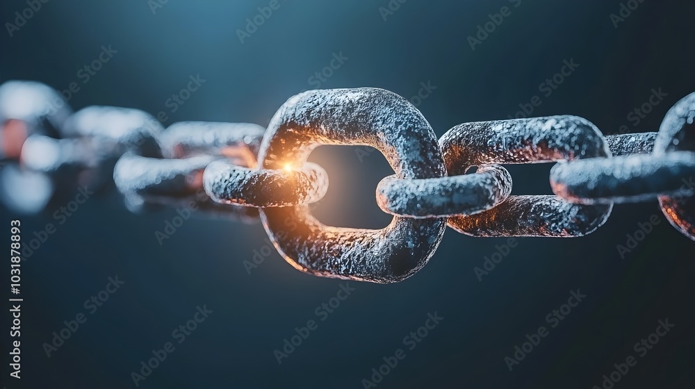 Poster a broken metal chain with one glowing vibrant link shining through symbolizing the power of hope to 