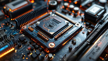 Fototapeta premium A detailed close-up view of a computer motherboard showcasing its intricate circuitry and components.