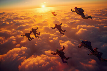 Parachutist with parachute makes heavenly adventure against on landscape