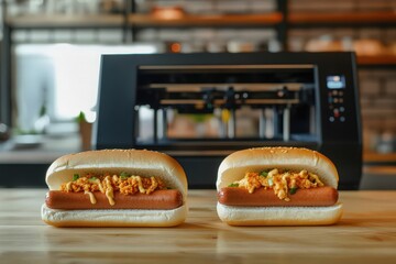 Comparison of conventional hot dog and 3D printed alternative, focusing on environmental benefits and waste reduction.