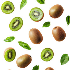 Fototapeta premium Kiwi Fruit and Leaves Falling, High Resolution PNG Transparent Background