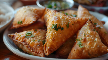 A close-up of samosas with a golden brown crust and a side of mint chutney