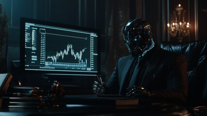 Futuristic Robot in a Financial Office Analyzing Holographic Candlestick Chart in a Suit