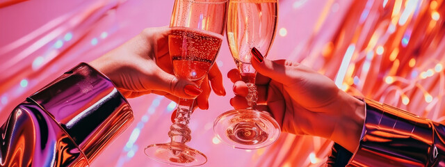Hands of friends raising champagne glasses in a sparkling festive atmosphere. the vibrant colors and shimmering background convey a sense of celebration, joy, and camaraderie