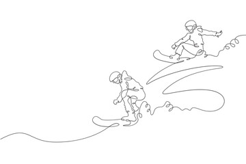 Continuous one line drawing women's snowboard race. Snowboarders descending a snowy slope. Mountain landscape. One continuous line isolated minimal illustration.