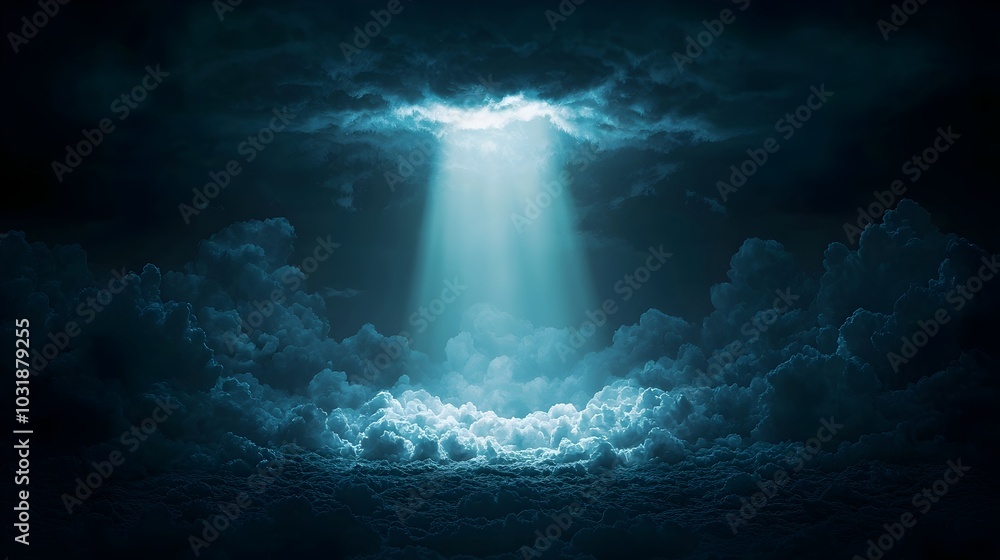 Poster A single beam of sunlight dramatically piercing through dark moody clouds casting a warm glow and creating a sense of hope optimism and spiritual transcendence
