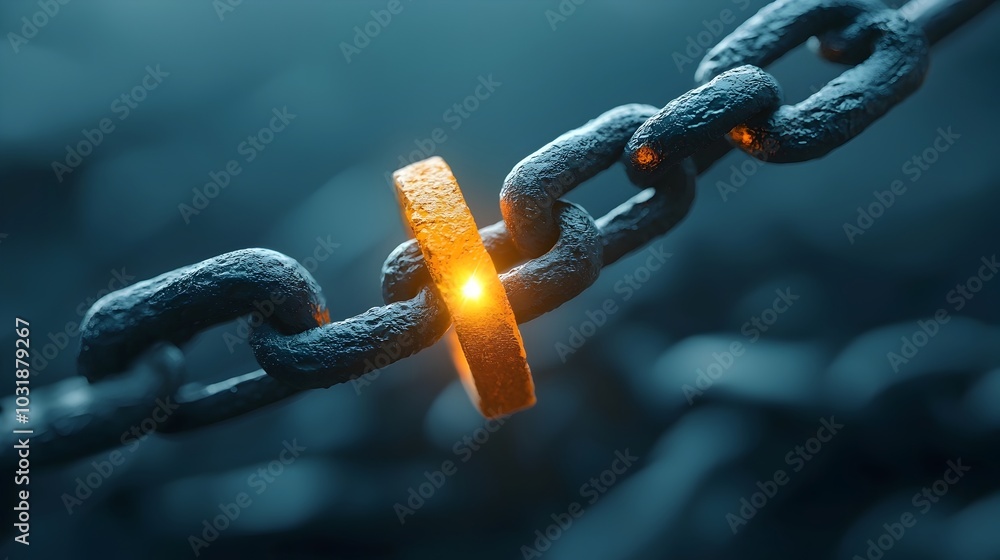 Poster a single glowing link in a broken rusted metal chain represents the concept of hope and potential ov