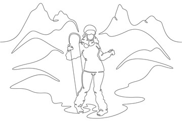 Continuous one line drawing beautiful woman with snowboard.Female snowboarder character posing.Mountain landscape. One continuous line isolated minimal illustration.