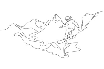 Obraz premium Continuous one line drawing downhill on a snowboard. Snowboarder in the mountains. Mountain landscape. Extreme. One continuous line isolated minimal illustration.