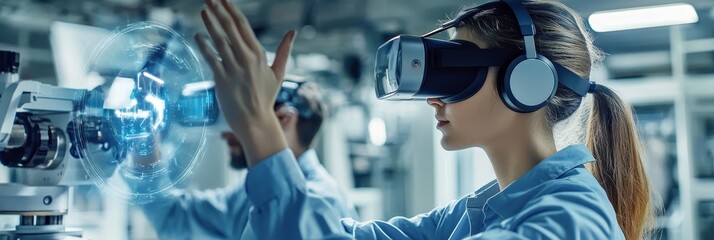 Engineers wearing VR headsets collaborate on product design in a factory setting, using cutting-edge technology for immersive visualization and interaction.