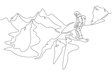 Continuous one line drawing downhill on a snowboard. Snowboarder in the mountains. Mountain landscape. Extreme.  One continuous line isolated minimal illustration.